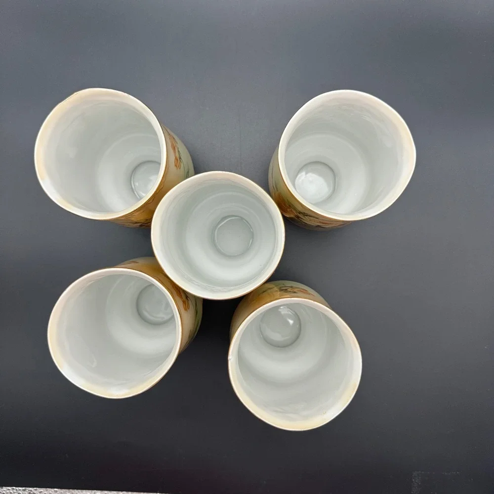 RS Wreath Stamp Porcelain Floral Chocolate‎ Set Pitcher & 5 Cups Gold Trim Roses
